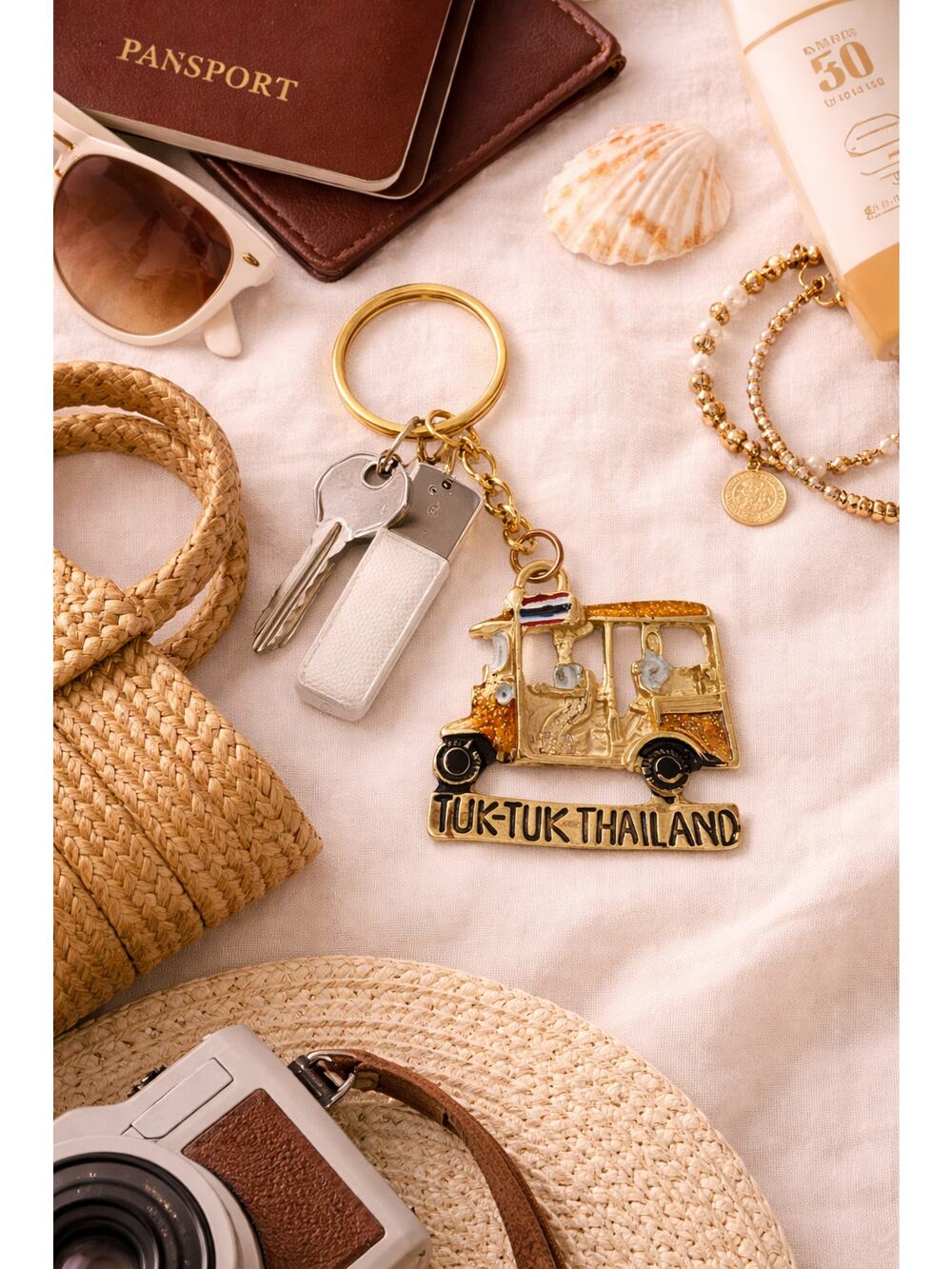 Vintage Thailand Tuk-Tuk Taxi Souvenir Travel Gold Tone Keychain Collectible